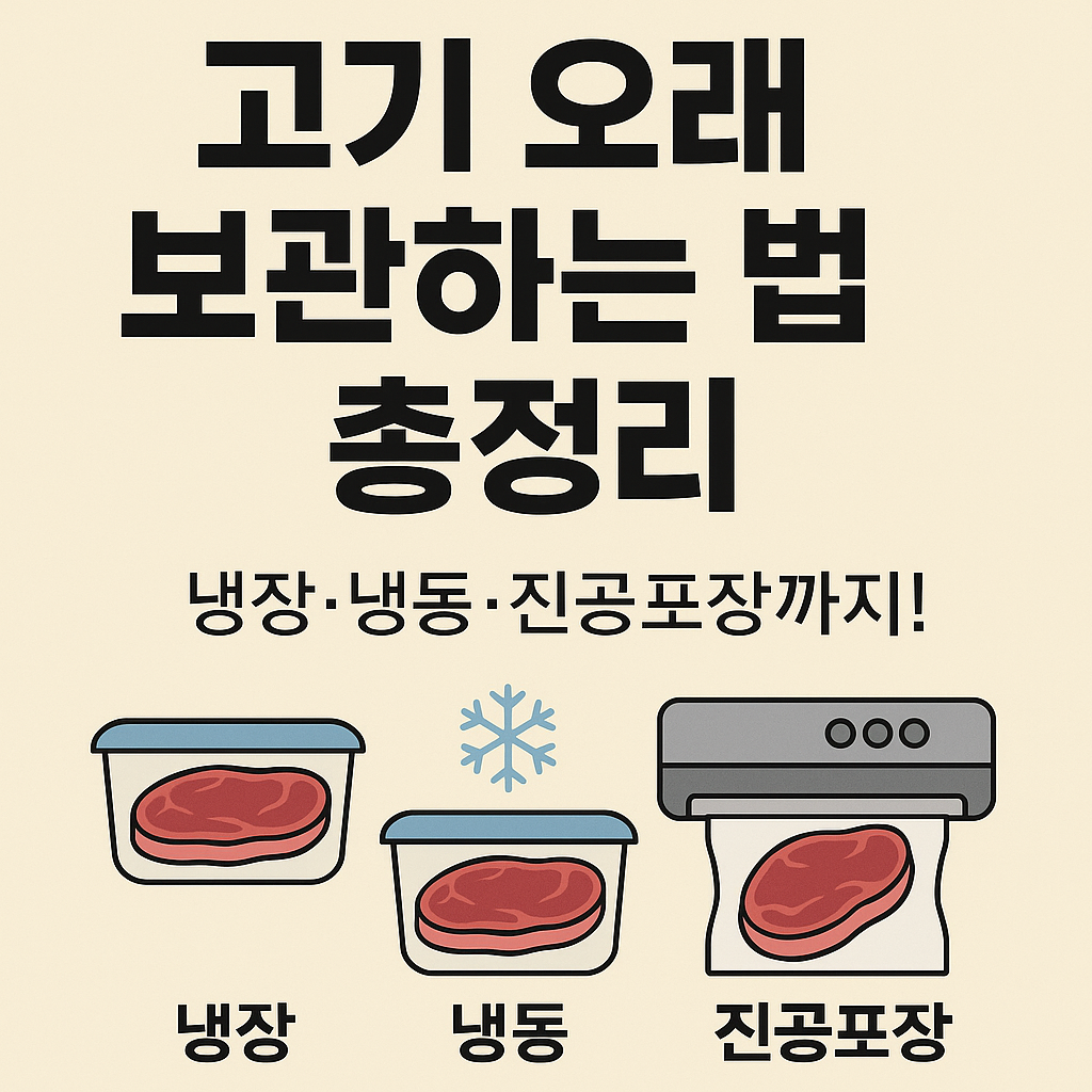 <img src="썸네일이미지경로" alt="고기 오래 보관하는 법 총정리 – 냉장, 냉동, 진공포장까지 정리한 인포그래픽. 고기를 신선하게 보관하는 세 가지 방법을 아이콘과 함께 설명" />