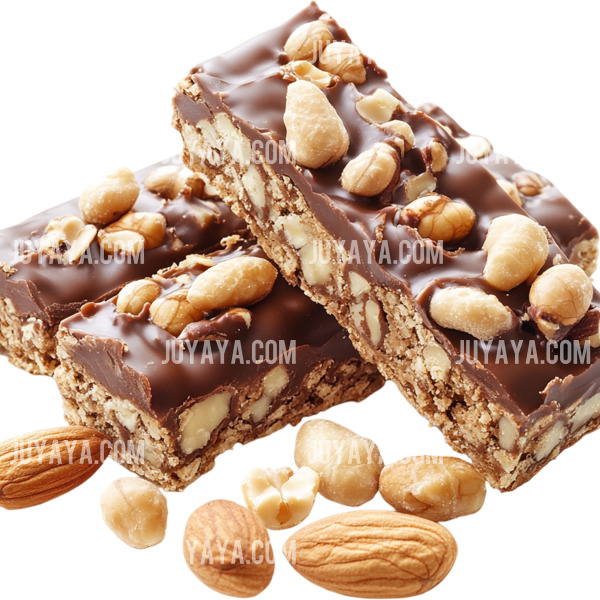 견과류와 초콜릿이 조화를 이루는 견과 초콜릿 바의 클로즈업 이미지.