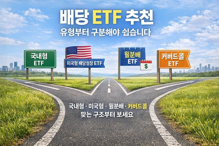 국내 배당 ETF와 미국 배당성장 ETF, 월분배 ETF, 커버드콜 ETF가 서로 다른 투자 구조라는 점을 한눈에 보여주는 이미지