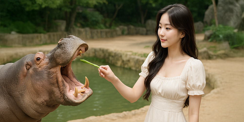 하마에게 먹이 주는 사람