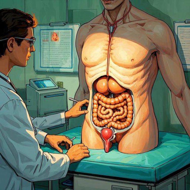 의료진이 환자의 왼쪽 하복부를 촉진 검사하고 있는 모습과 함께, 대장, 소장, 난소 등 관련 장기들의 해부학적 위치를 보여주는 의료용 인체 모형이나 차트가 함께 있는 전문적인 병원 진료실 장면.