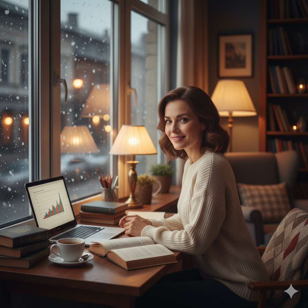 "창가에 앉아 따뜻한 미소를 짓는 지적인 여성, 책과 노트북이 놓인 겨울 저녁 풍경"