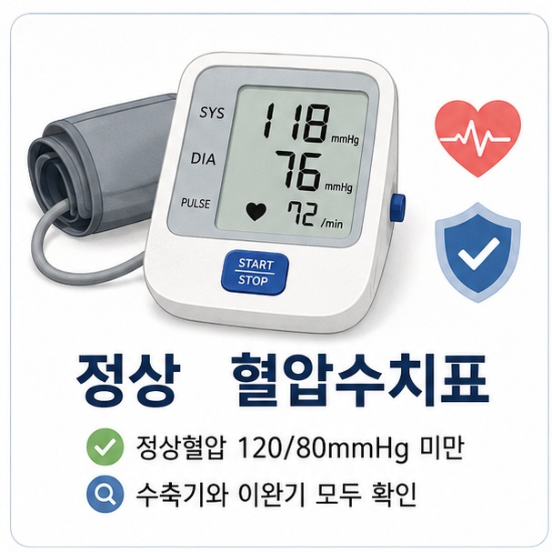 위팔 혈압계를 통해 정상 혈압이 수축기 120mmHg 미만이면서 이완기 80mmHg 미만임을 보여 주는 그림