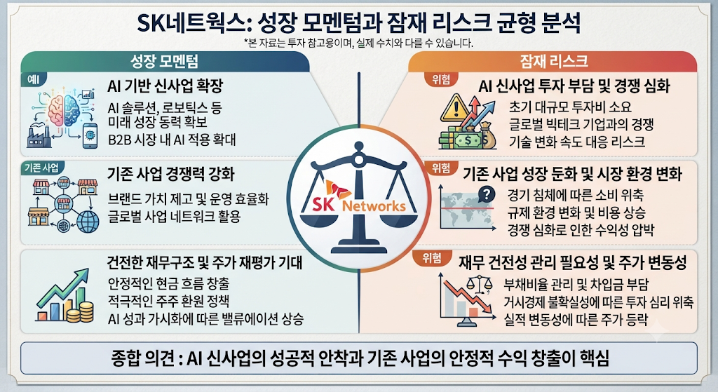 SK네트웍스 AI 기대감과 실적 리스크를 보여주는 분석 이미지