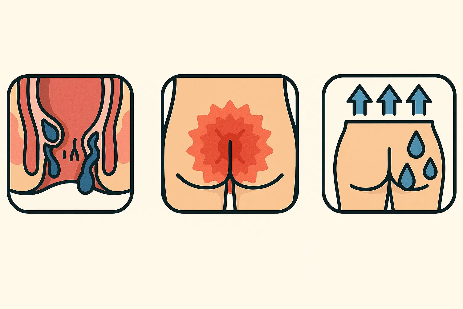 항문 주위 정맥이 확장되는 단면도, 혈류 정체와 압박으로 붉게 표시된 항문 그림, 통풍 부족으로 땀이 차는 상황