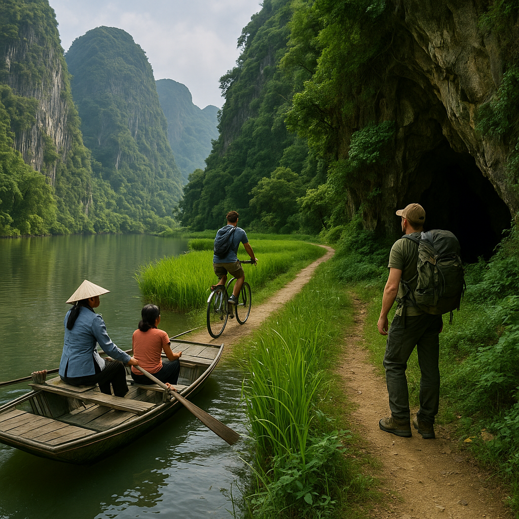 강 위에서 전통 노를 젓는 보트와 논 사이를 달리는 자전거 여행자, 동굴 입구로 향하는 하이커가 웅장한 석회암 절벽과 푸른 논밭을 배경으로 어우러진 닌빈의 장엄한 자연