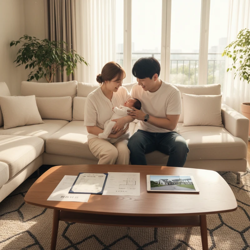 신생아특례대출을 통해 내 집 마련의 꿈을 이룬 행복한 가족의 모습