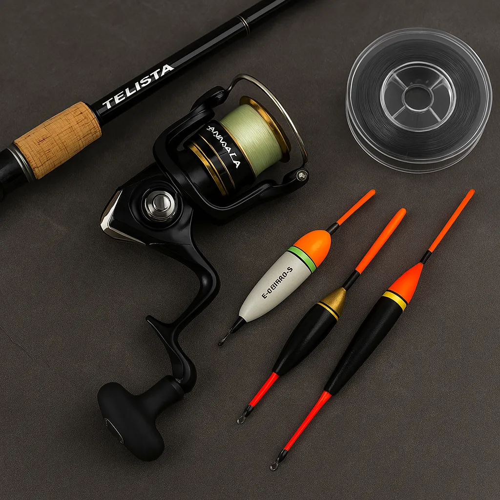 찌낚시에 사용되는 낚싯대, 릴, 찌, 낚싯줄이 바닥에 정돈되어 놓인 모습