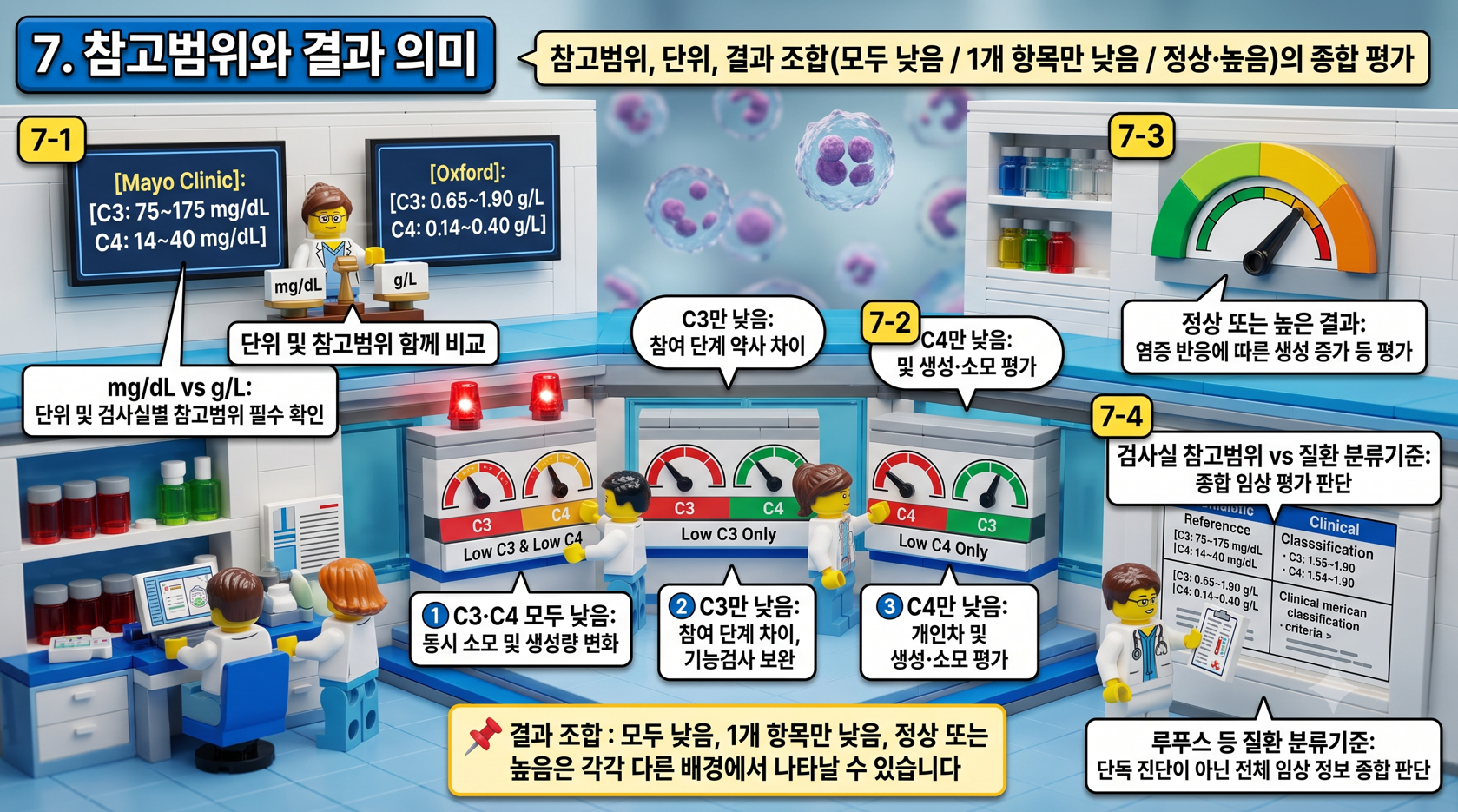 보체 C3·C4의 참고범위, 측정 단위, 결과 조합별 의미를 나타낸 레고 디오라마