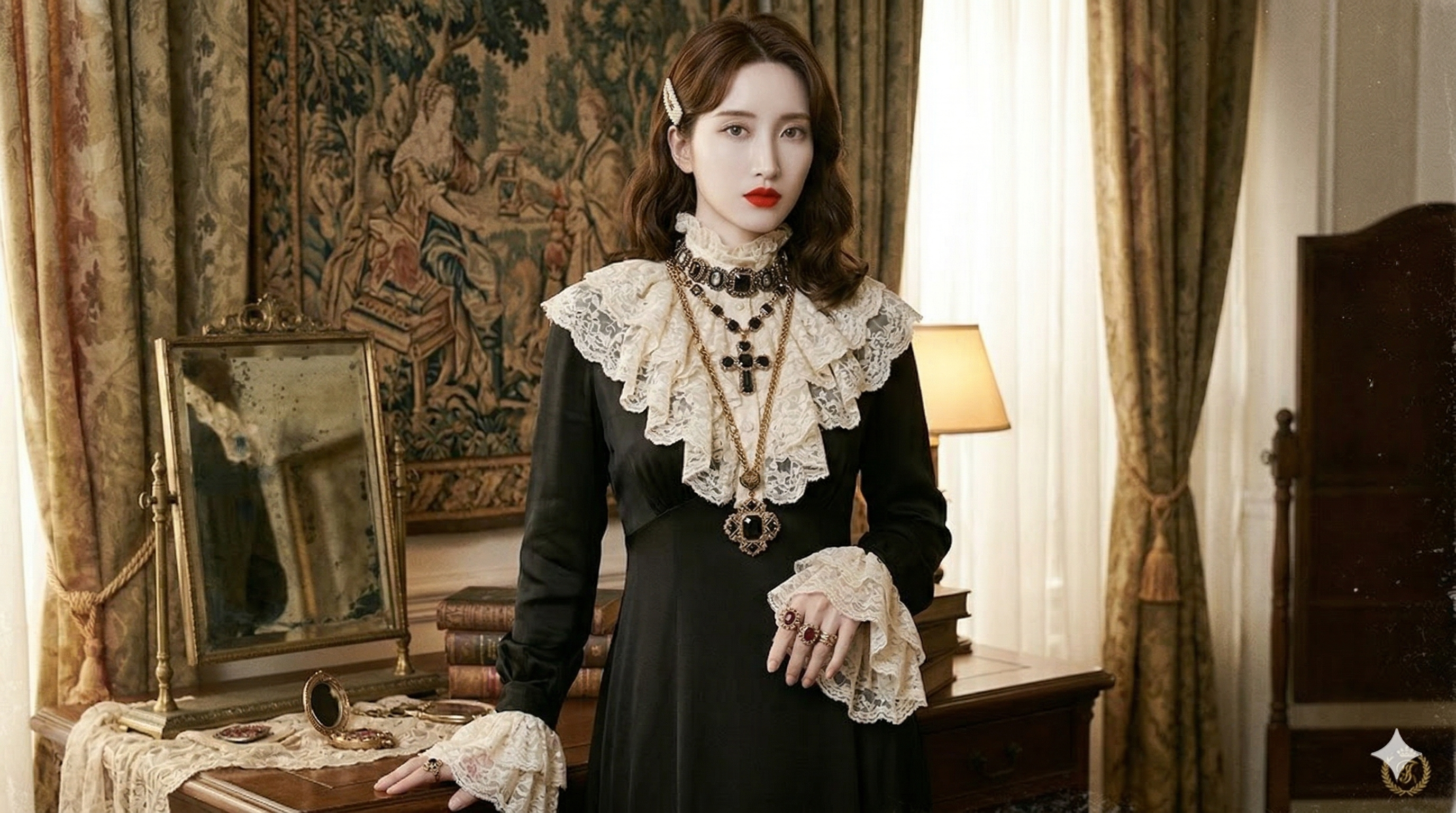 뱀파이어 로맨틱 메이크업과 잘 어울리는 고딕 스타일 패션 및 액세서리