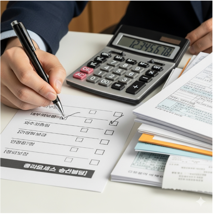 책상 위 서류 더미와 계산기, 펜이 놓여있다. 한 손이 체크리스트에 체크를 하고 있어 복잡한 세금 서류를 정리하고 신고하는 과정을 나타낸다.
