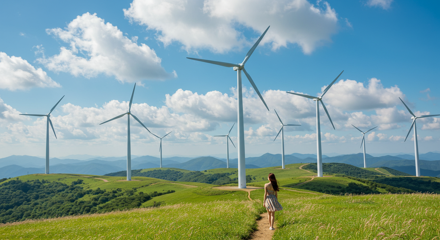 푸른 하늘 아래 초록빛 태백 매봉산 바람의 언덕 풍경과 하얀 풍력발전기