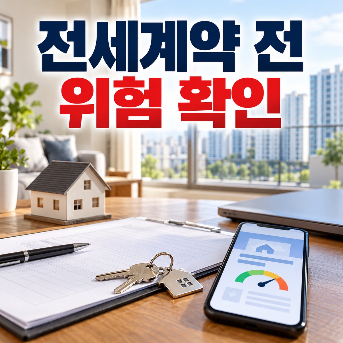 전세계약 서류와 집 열쇠, 주택 모형이 놓인 책상 앞의 위험 확인 장면