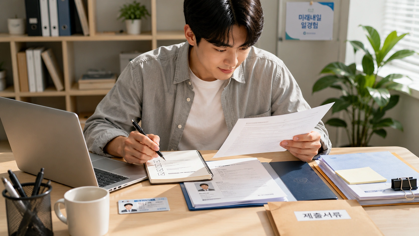미래내일 일경험 신청을 위해 자격 요건과 제출 서류를 꼼꼼하게 확인하는 한국인 청년의 모습