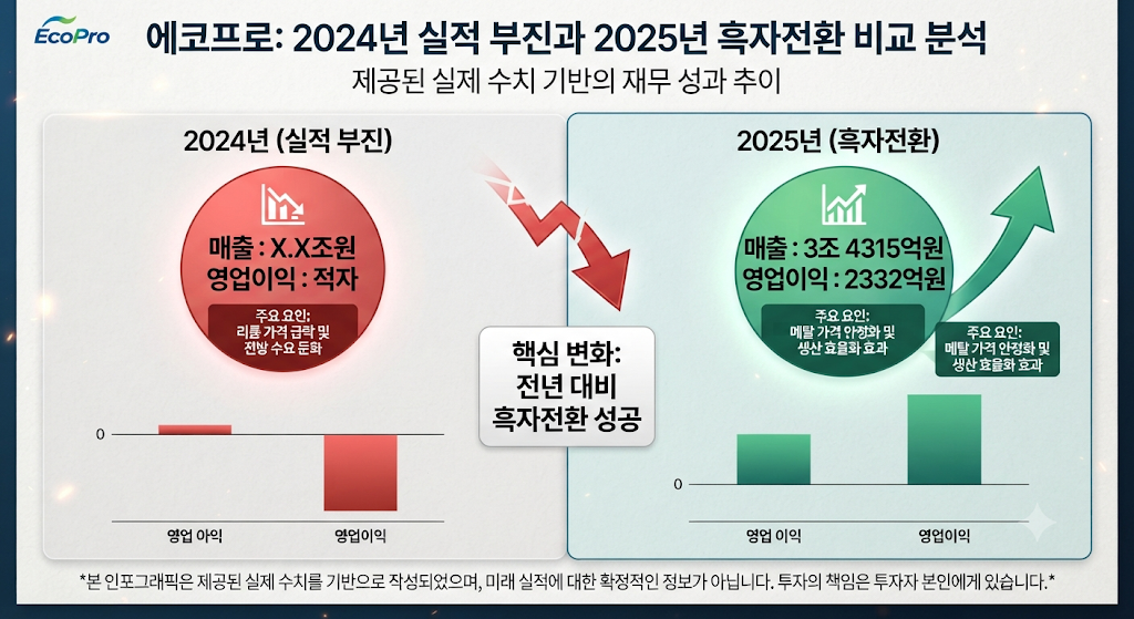 에코프로의 2024년 부진 이후 2025년 흑자전환 흐름을 보여주는 실적 분석 그래프