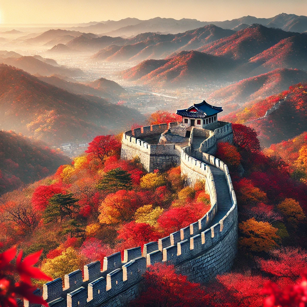 붉은 단풍이 물든 부산 금정산성의 웅장한 가을 전경