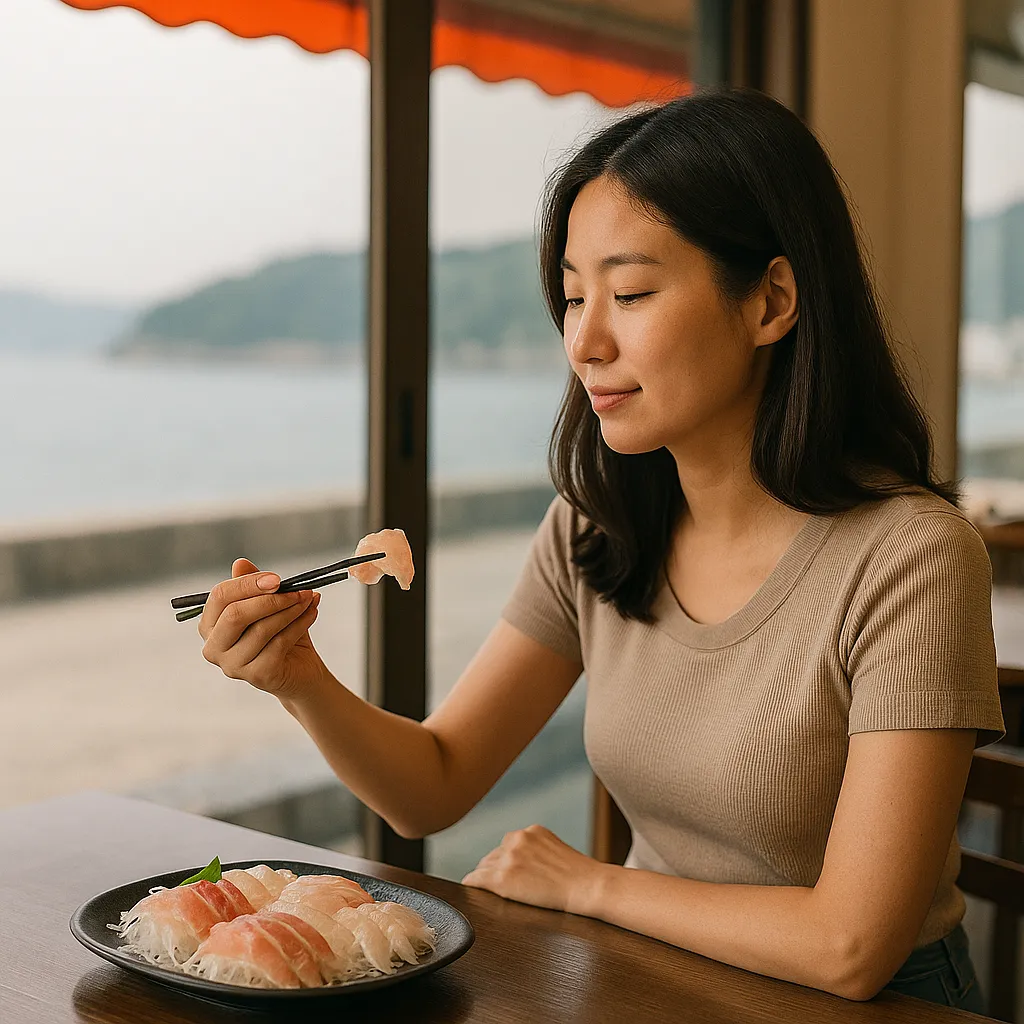 바다 전망 식당에서 회를 즐기는 여성의 옆모습