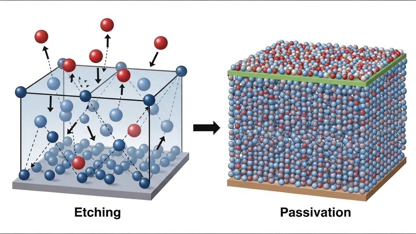 Diagram of atoms being selectively removed from a surface (etching) and then coated (passivation).