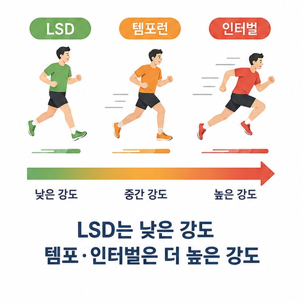 LSD와 템포런, 인터벌을 서로 다른 강도의 달리기로 비교해 훈련 방식 차이를 보여주는 이미지
