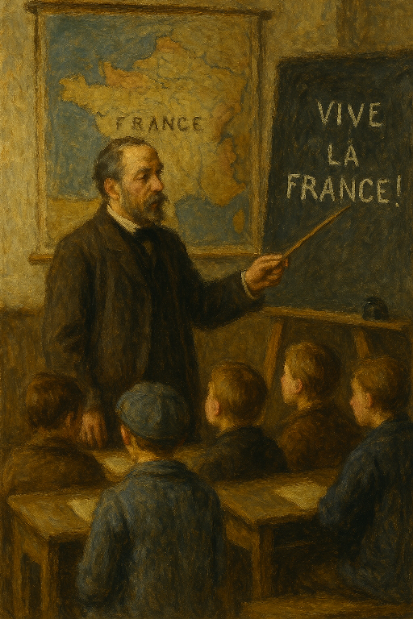 마지막 수업 장면을 그린 유화 스타일 그림, 교사가 'VIVE LA FRANCE!' 문구를 가리키며 학생들에게 프랑스어 수업을 진행 중
