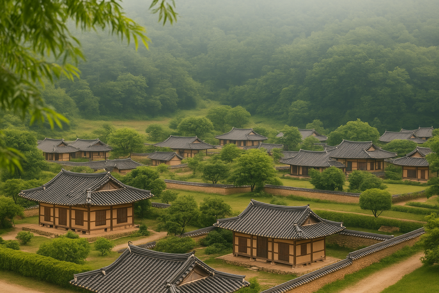 안동 하회마을의 전통 한옥과 푸른 숲이 어우러진 평화로운 풍경