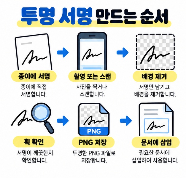 종이에 서명한 뒤 촬영하고 배경을 제거해 투명 PNG로 저장한 다음 PDF나 문서에 삽입하는 순서를 보여주는 카드