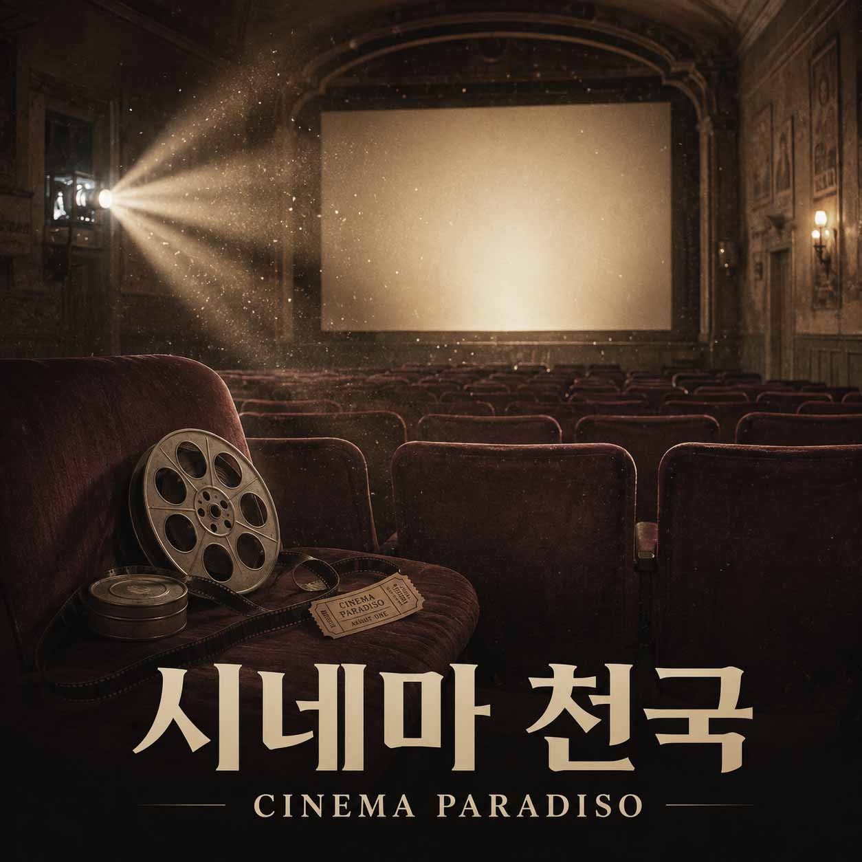 시네마 천국 영화를 나타내는 이미지, 오래된 영화관의 빈 객석과 스크린을 배경으로 좌석 위에 필름 릴과 필름, 영화표가 놓여 있고 영사기 빛이 비치는 장면