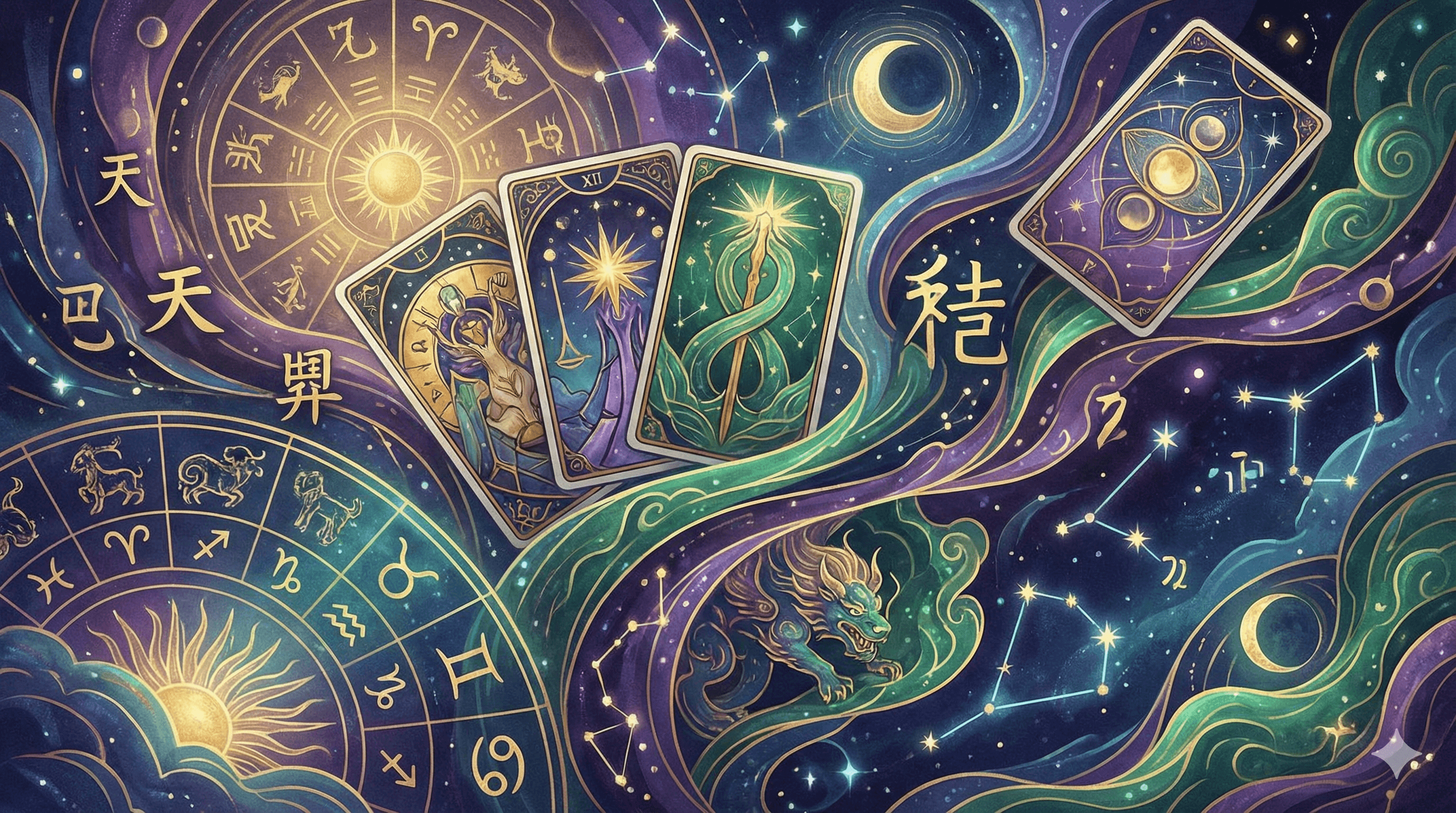 사주팔자, 타로카드, 별자리 등 다양한 운세 종류 일러스트