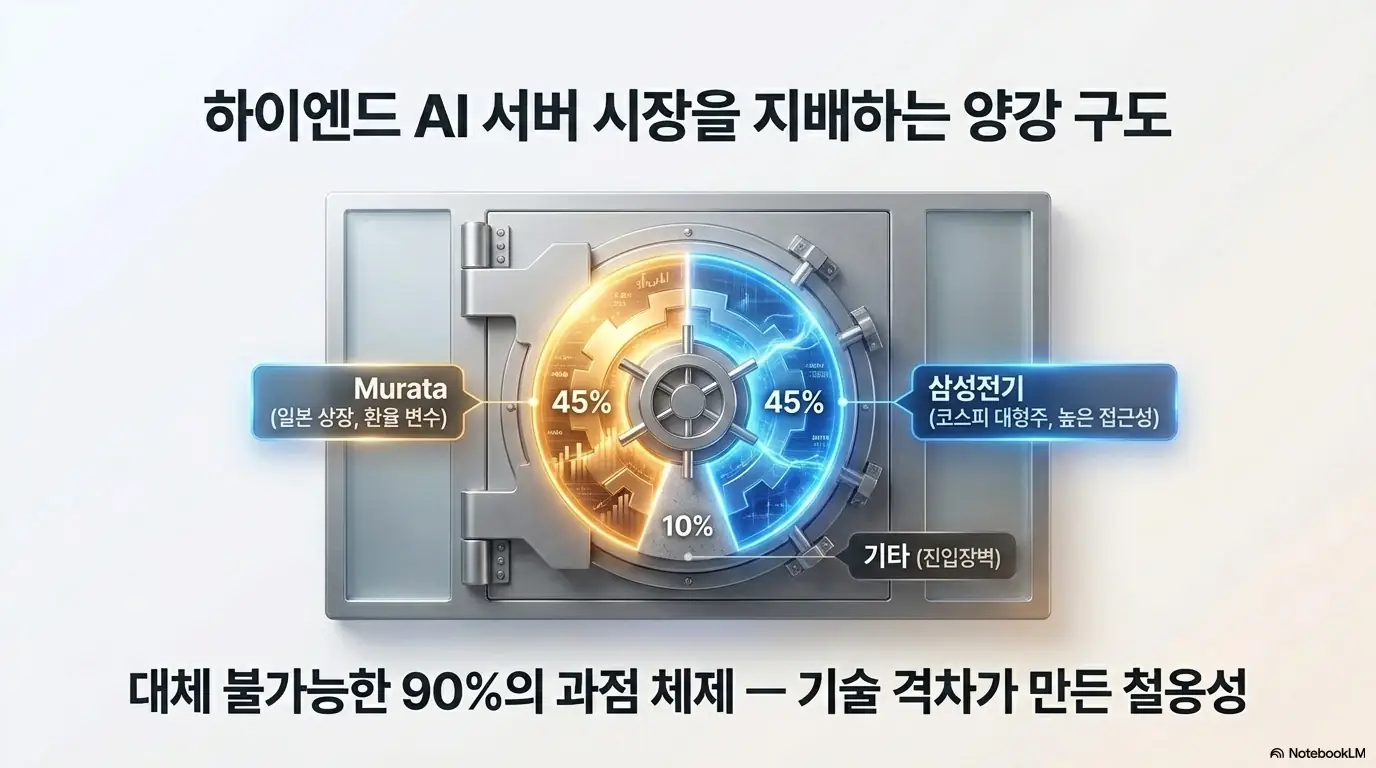 MLCC 관련주: 하이엔드 AI 서버용 MLCC 시장의 점유율 구도를 금고 형태로 표현한 이미지. 무라타와 삼성전기가 각각 45퍼센트로 합산 90퍼센트의 과점 체제를 이루고 나머지는 진입장벽으로 표시되어 있다. 이 이미지는 기술 격차가 만든 MLCC 시장 점유율 양강 구도를 시각적으로 전달하며&amp;#44; 블로그의 MLCC 시장 점유율 주제와 관련된 내용을 설명한다 