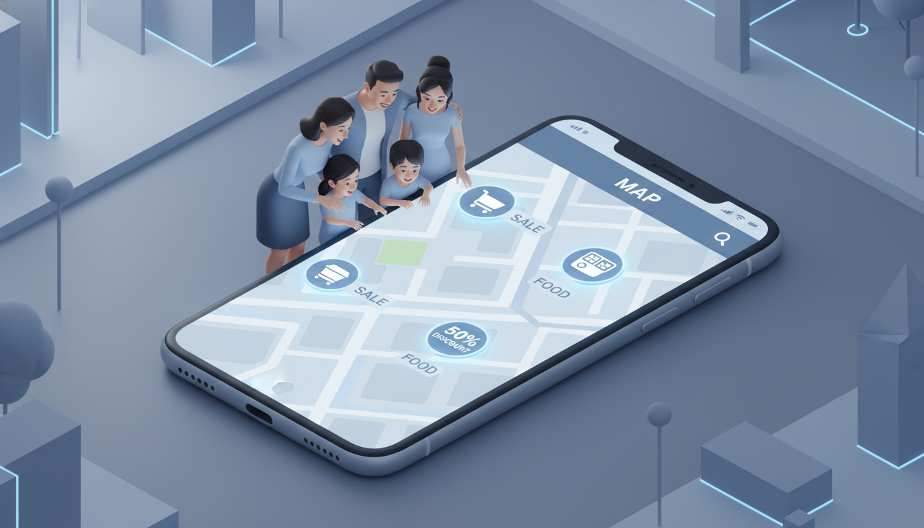 4인 가족이 스마트폰으로 거지맵 앱을 보며 식비 할인을 찾는 모습의 3D 일러스트