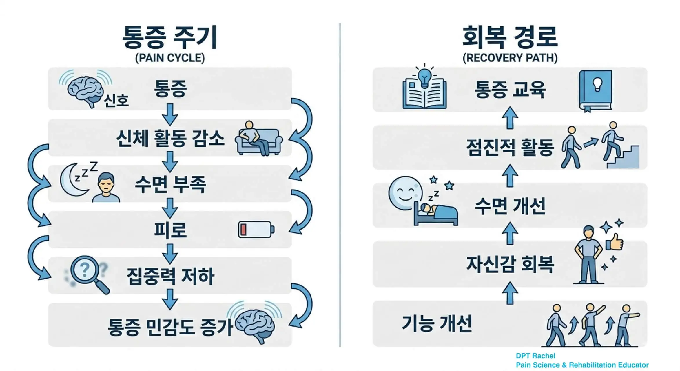 만성 통증의 악순환과 회복 과정을 비교한 통증과학 인포그래픽