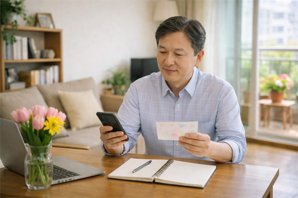 보내기 전 인사말 표현을 다듬는 한국인 남성의 모습