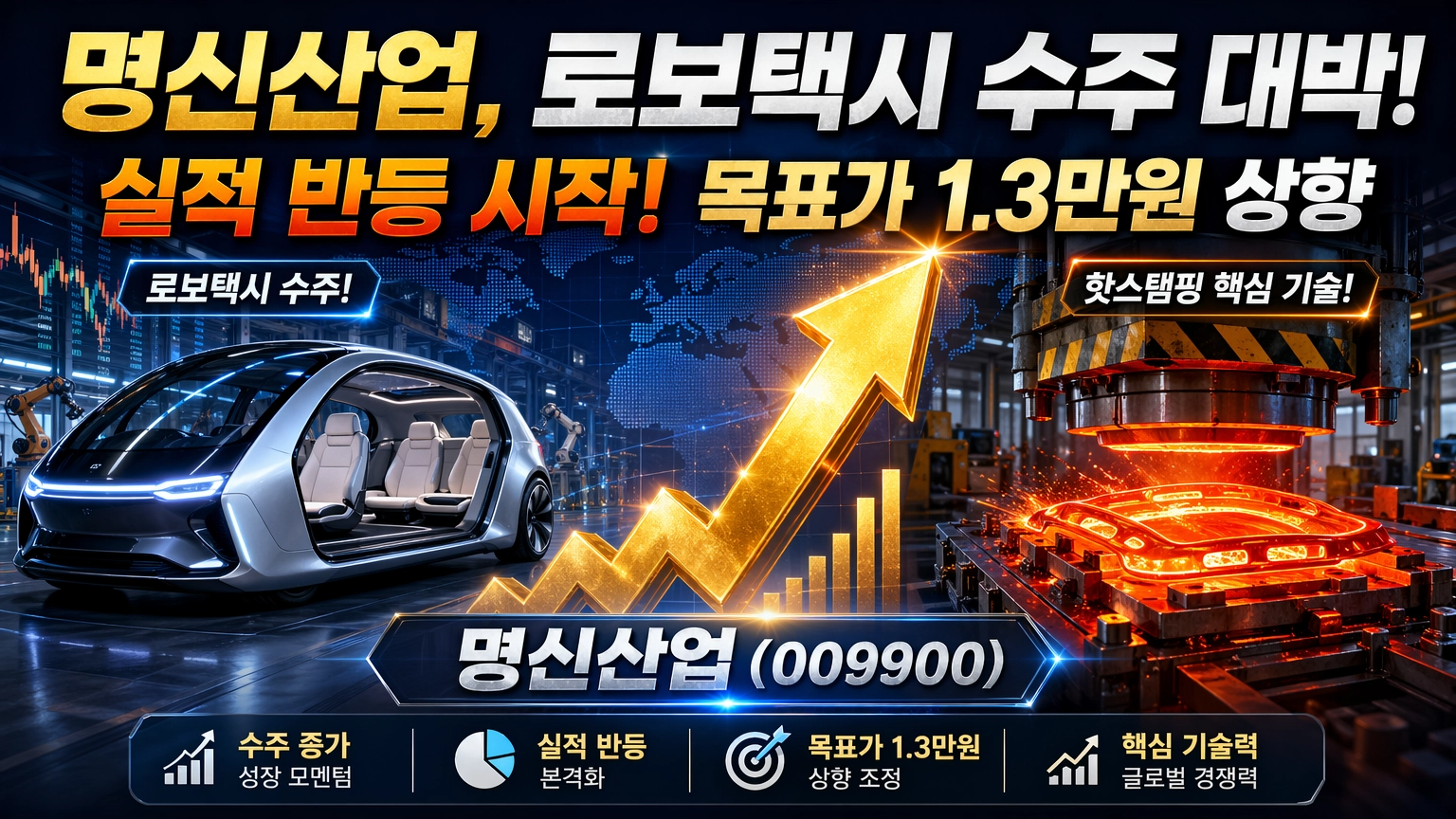 핵심 문구: '명신산업, 로보택시 수주 대박!', '실적 반등 시작! 목표가 1.3만원 상향'이라는 카피를 상단에 배치하여 강력한 성장 모멘텀을 강조했습니다.
시각적 요소:
왼쪽: 미래형 로보택시 차량을 배치하여 자율주행 시대의 새로운 공급 파트너로서의 위상을 시각화했습니다.
오른쪽: 명신산업의 독보적 기술인 핫스탬핑(Hot Stamping) 공정에서 붉게 달궈진 부품이 가공되는 모습을 담아 기술적 전문성을 강조했습니다.
중앙: 강력하게 우상향하는 황금색 화살표와 캔들 차트를 결합하여 주가 리레이팅에 대한 기대감을 역동적으로 표현했습니다.
디자인 컨셉: 첨단 자동차 부품 산업의 느낌을 주는 실버와 다크 블루, 그리고 기술의 열정을 상징하는 오렌지 조명을 조화시켜 전문적인 분위기를 조성했습니다.