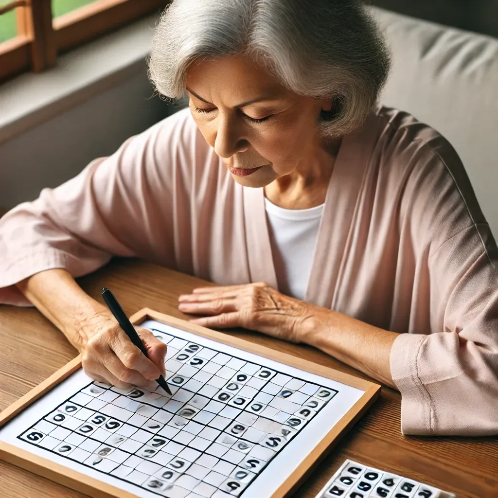 치매 예방을 위해 스도쿠 게임을 하는 노인 여성, 큰 글씨로 된 스도쿠 퍼즐에 집중하며 숫자를 채워 넣는 모습.