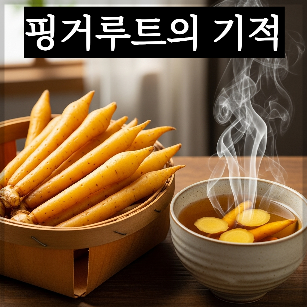 나무 바구니에 담긴 황금색의 길쭉한 신선한 핑거루트 뿌리들과 그 옆에 하얀 김이 모락모락 피어오르는 따뜻한 핑거루트 차 한 잔이 놓여 있는 평온하고 건강한 실사 이미지