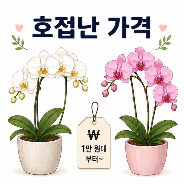 흰색과 분홍색 호접난 화분과 가격표를 함께 배치해 호접난 가격을 설명하는 대표 이미지