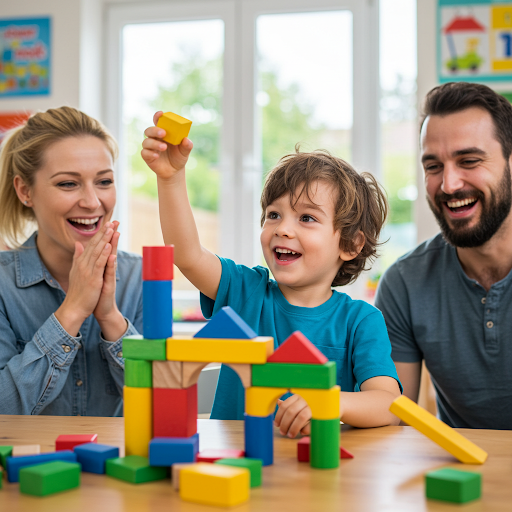 아이의 블록 놀이에 칭찬해주는 부모
남자 아이가 블록을 가지고 놀면서 부모가 즐거워하며 엄마가 박수를 치는 모습