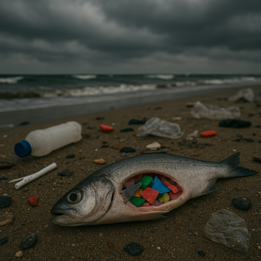뱃속에 플라스틱 쓰레기가 들어 있는 물고기 이미지