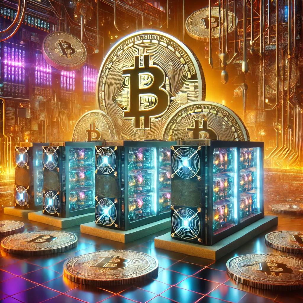 사이버펑크 스타일의 비트코인 채굴 장면