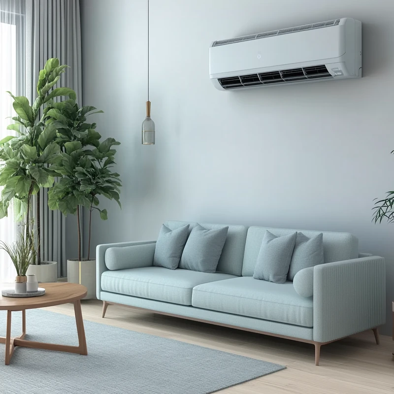 미니멀한 거실 인테리어에 자연스럽게 녹아든 모던한 벽걸이 에어컨이 현대적인 분위기를 연출하며, 글로벌한 건축 감각으로 세련되게 꾸며진 모습입니다.