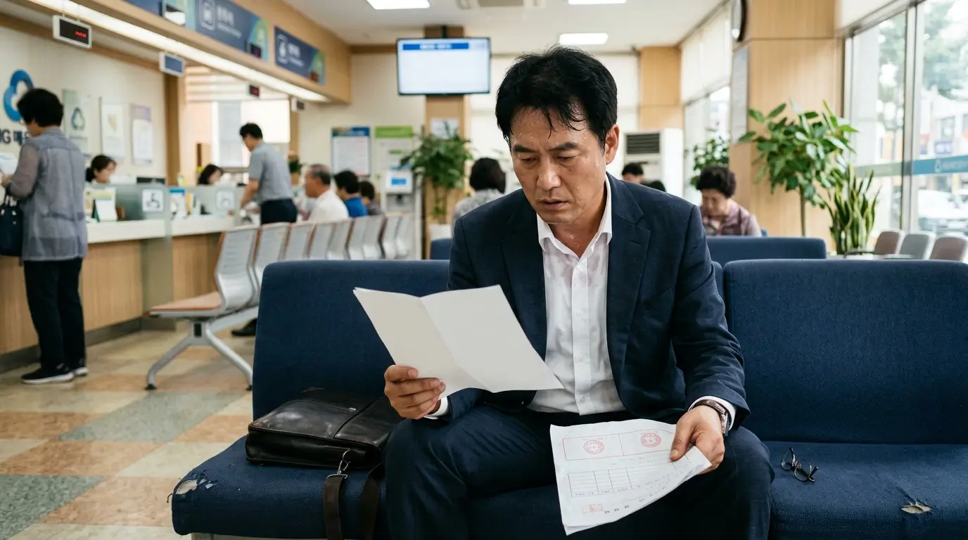 한국의 지역 단위 상호금융 창구 대기석에 앉아 대출 팸플릿을 심각하게 읽어보는 40대 남성 직장인