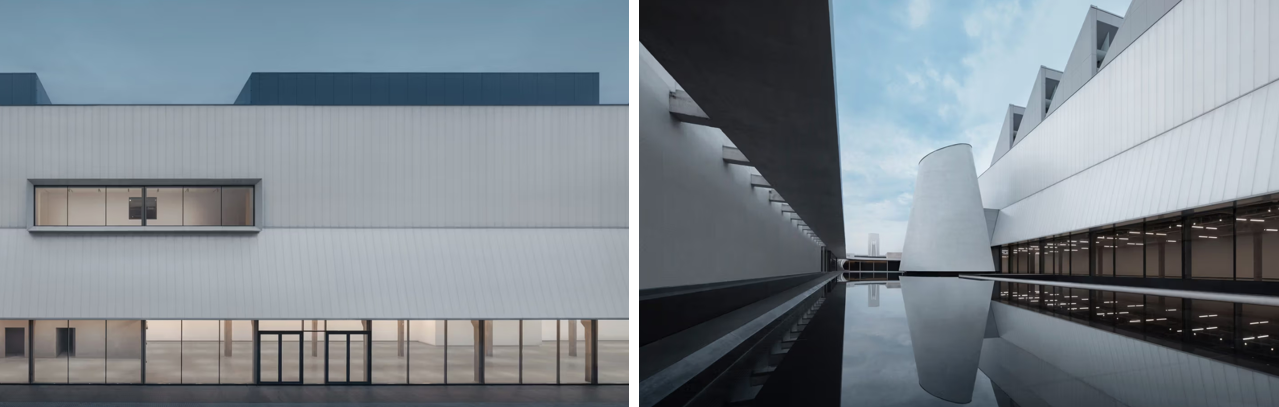 Dib Bangkok 현대미술관 외관 전경, 미니멀한 파사드와 수공간이 조화를 이루는 구조적 건축 디자인 이미지