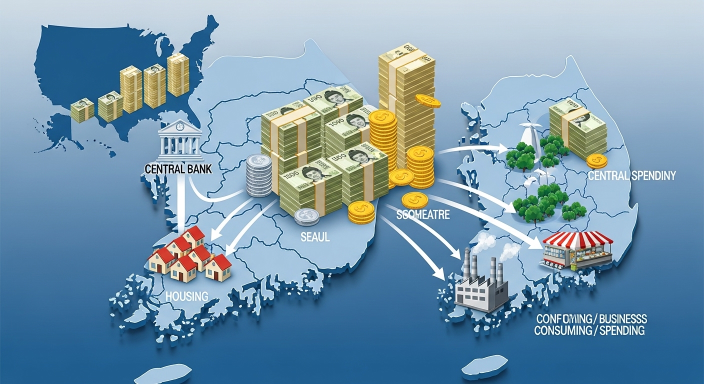 한국 내 통화량 증가를 시각적으로 표현한 이미지. 한국 지도 위로 지폐 더미가 쌓이고, 주택 및 기업으로 자금이 흘러가는 모습.