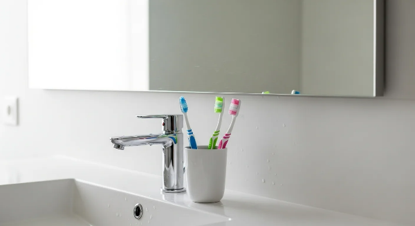 세면대에 컵이 있는데 칫솔 3개가 담겨져 있는 모습. 잘못된 칫솔 관리 습관과 위생 필요