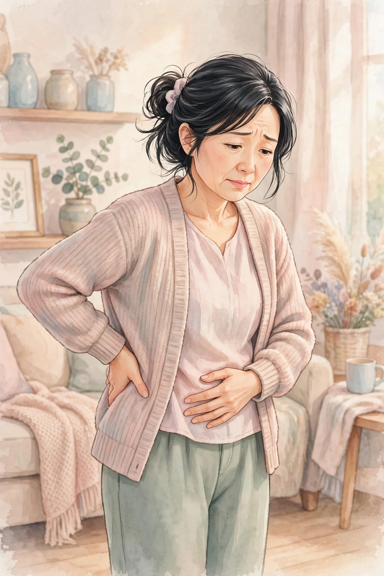 아랫배와 허리 통증을 느끼는 여성 일러스트