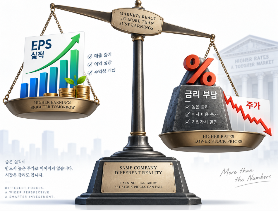 우상향하는 EPS 실적선과 금리 부담으로 하락하는 주가선의 괴리를 표현한 저울 일러스트
