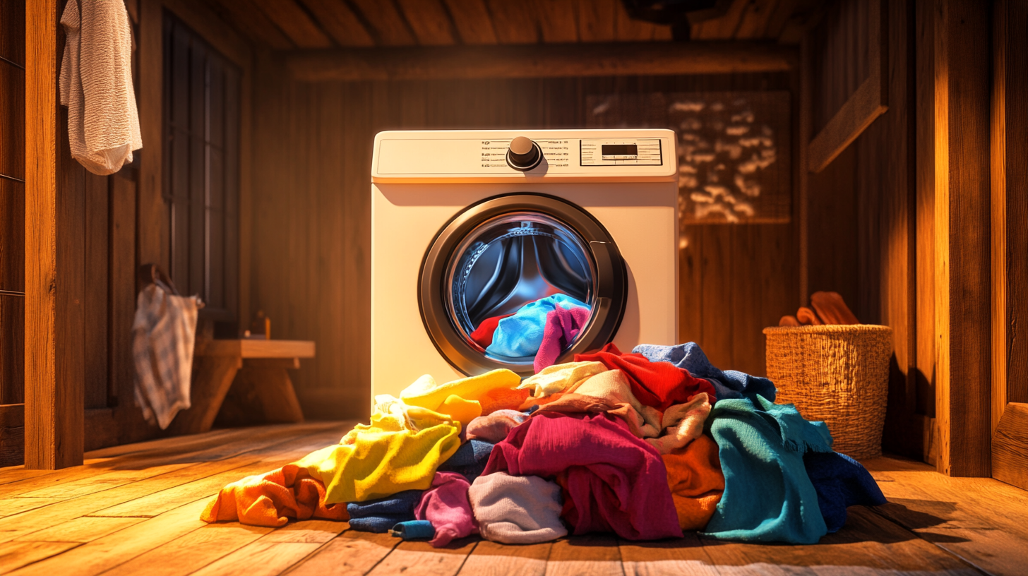 전통적인 세탁실 환경에서 세탁 중인 색색의 빨래와 함께 놓인 통돌이 세탁기, 아늑하고 가족적인 분위기를 강조
