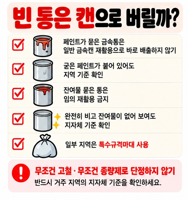 페인트가 묻은 금속통은 일반 금속캔 재활용함에 넣지 말고 특수규격마대나 지역별 기준을 확인하는 카드