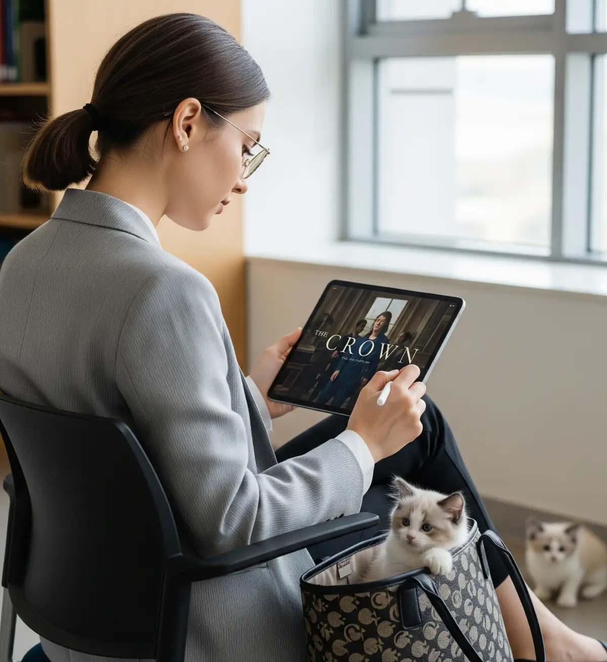 얇은 테 안경을 쓴 지적인 20대 한국 여성이, 현대적인 도서관에서 태블릿으로 넷플릭스를 보며 리스닝 훈련을 하는 모습