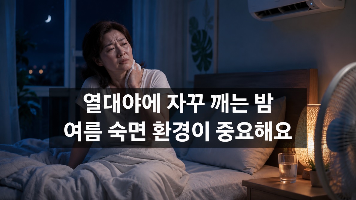 열대야로 잠을 이루지 못하는 여성이 있는 여름밤 침실과 &lsquo;여름 수면 환경이 중요해요&rsquo;라는 문구가 들어간 대표 이미지